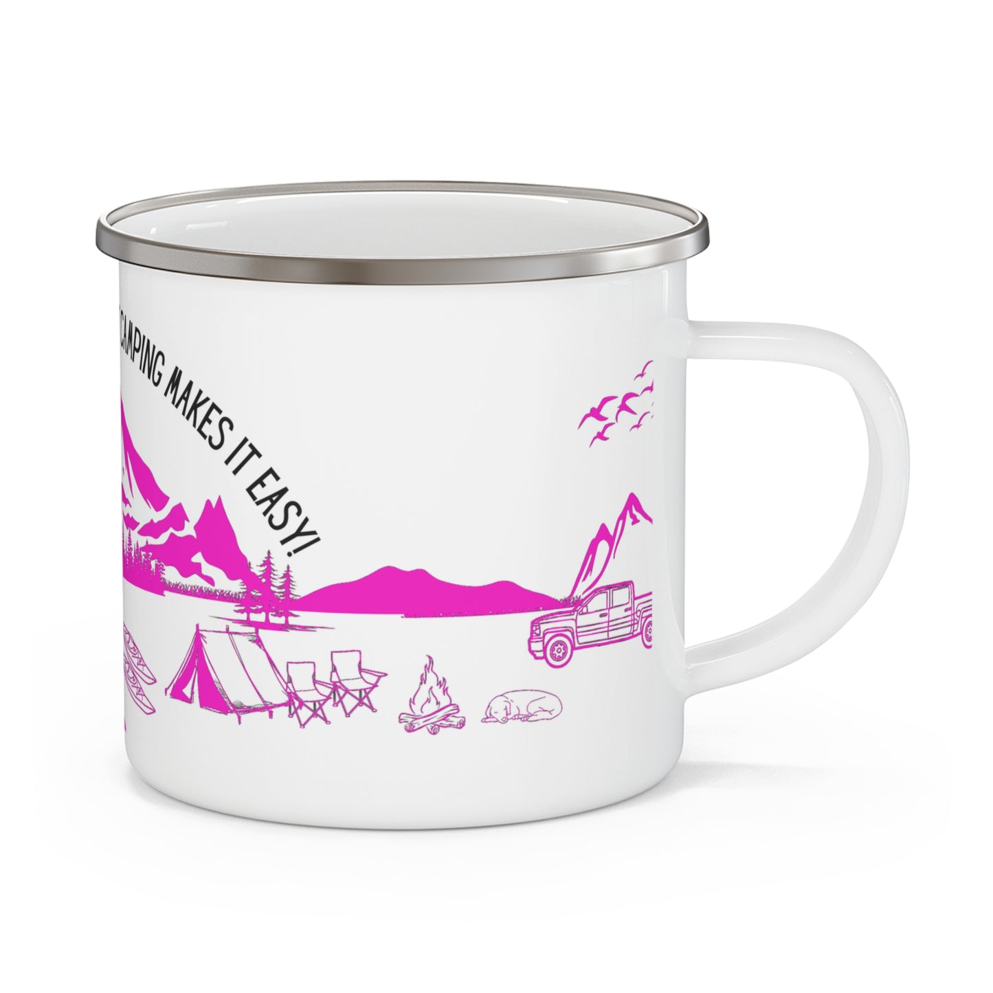 Pink Camping Enamel Camping Mug - "Mornings are rough, but camping makes it easy"