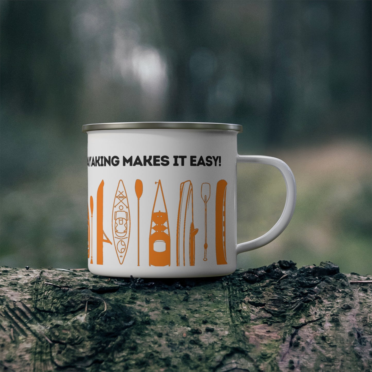 Orange Kayak Enamel Coffee Mug - "Mornings are rough, but kayaking makes it easy" in bold black font