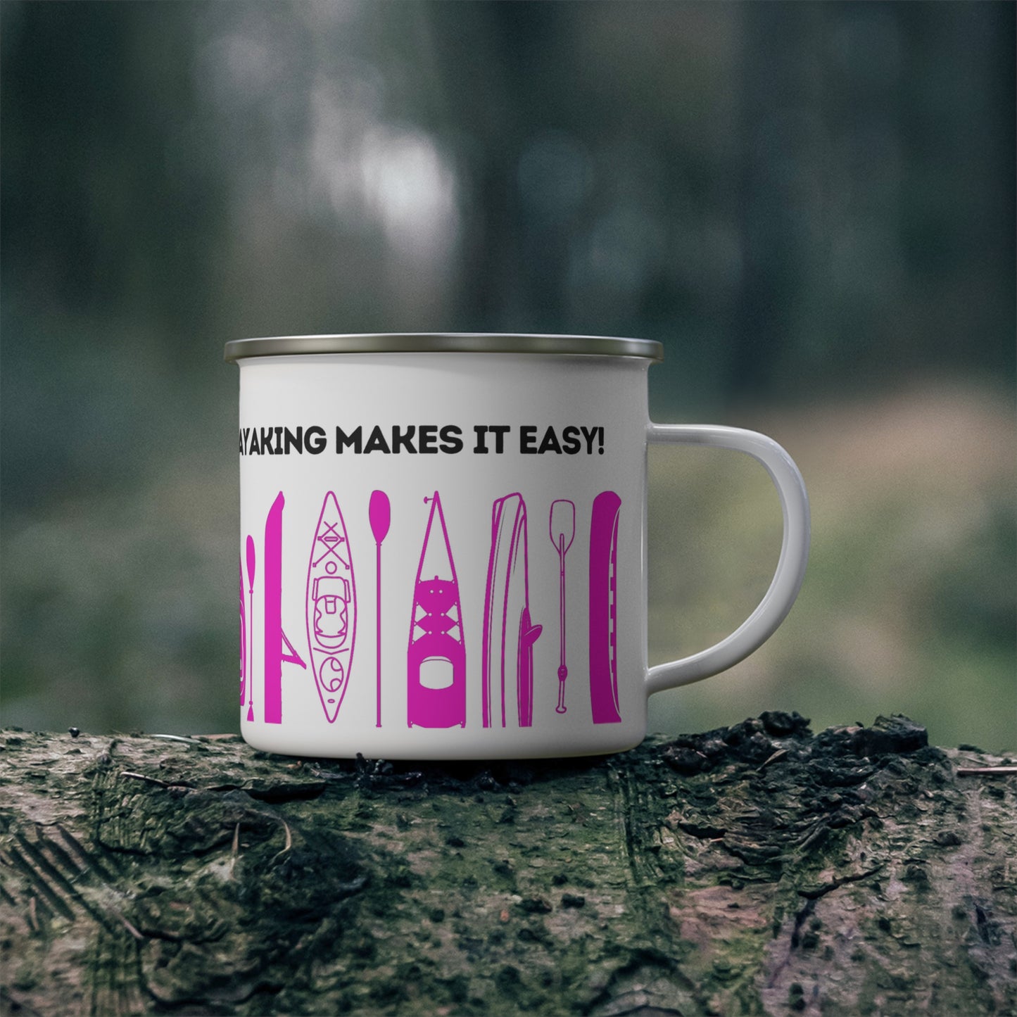 Pink Kayak Enamel Coffee Mug - "Mornings are rough, but kayaking makes it easy" in bold black font