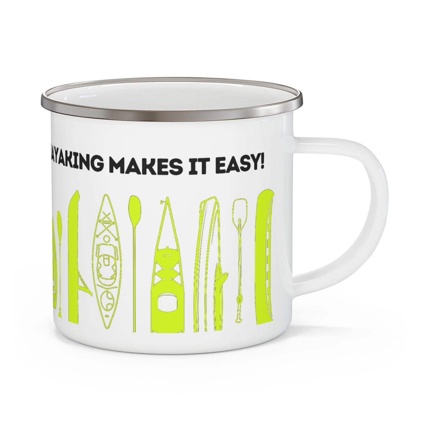 Yellow Kayak Enamel Coffee Mug - "Mornings are rough, but kayaking makes it easy" in bold black font