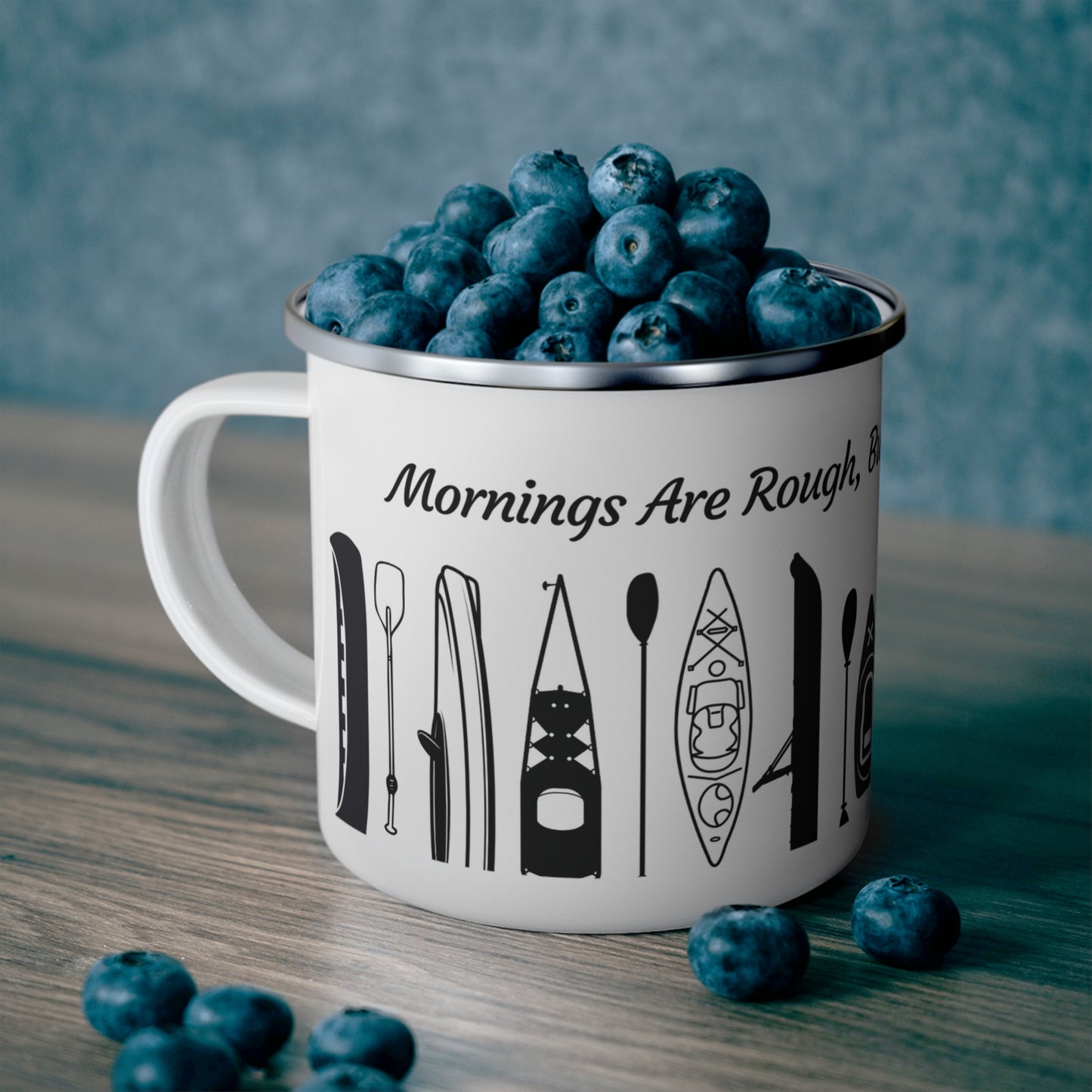 Black Kayak Enamel Coffee Mug - "Mornings are rough, but kayaking makes it easy" in italic black font