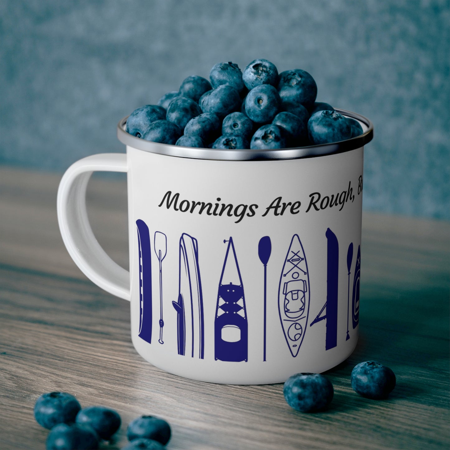 Navy Kayak Enamel Coffee Mug - "Mornings are rough, but kayaking makes it easy" in italic black font