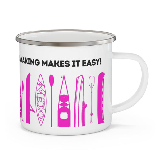 Pink Kayak Enamel Coffee Mug - "Mornings are rough, but kayaking makes it easy" in bold black font