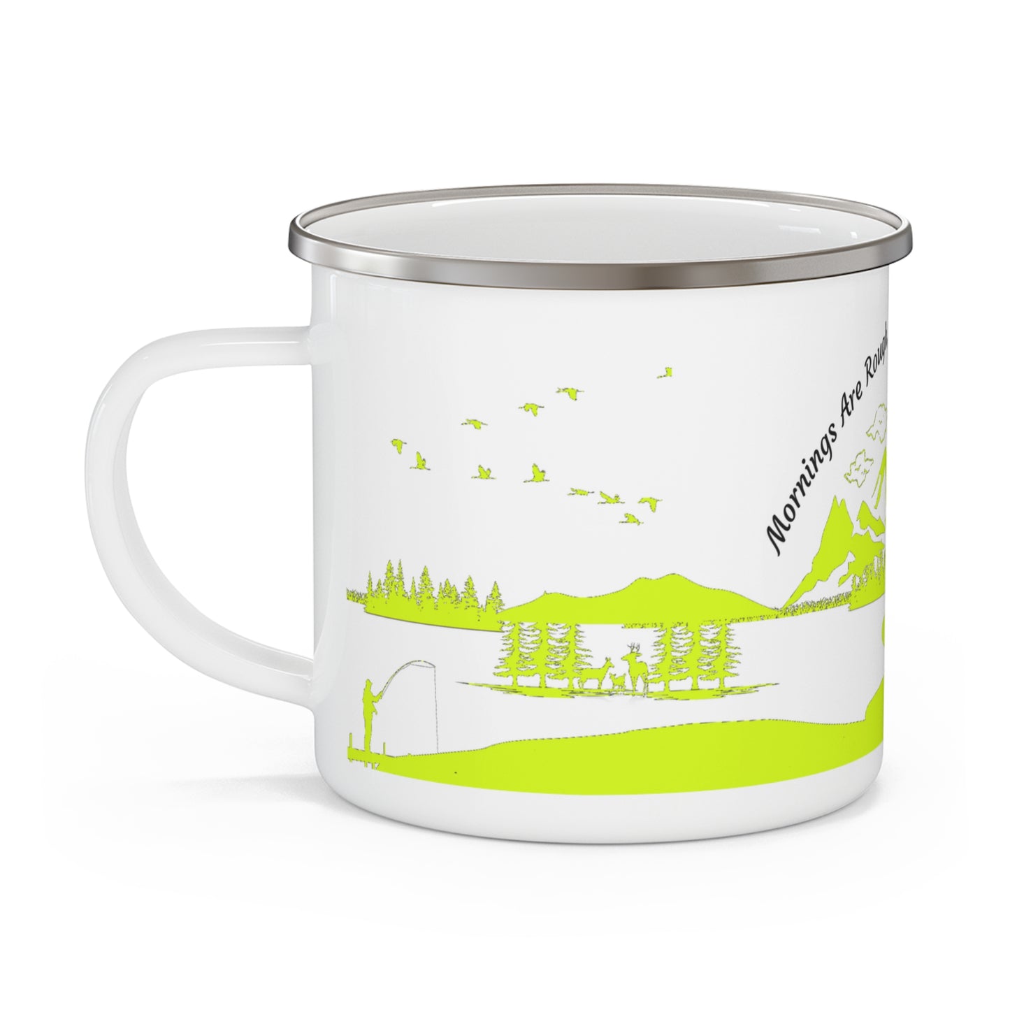 Yellow Camping Enamel Camping Mug - "Mornings are rough, but camping makes it easy"