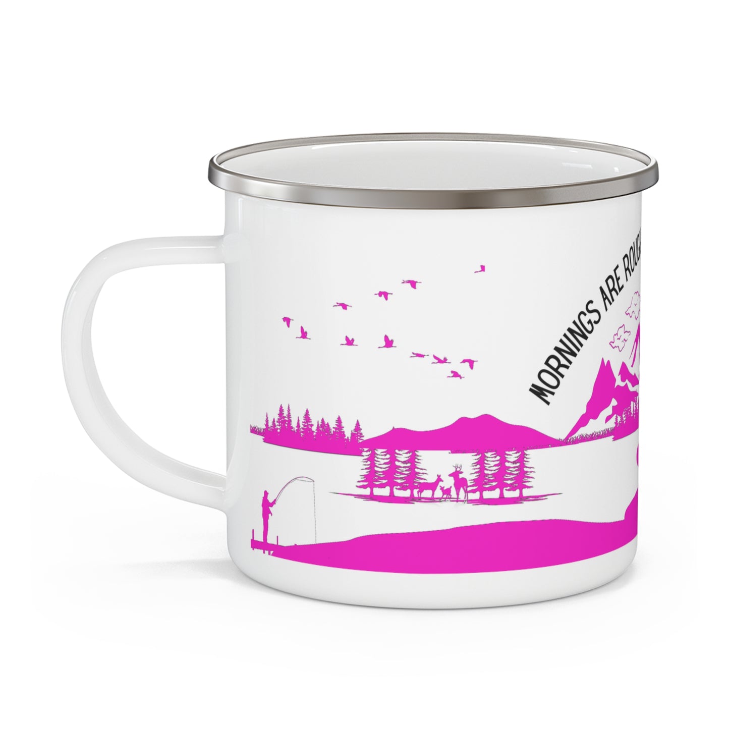 Pink Camping Enamel Camping Mug - "Mornings are rough, but camping makes it easy"