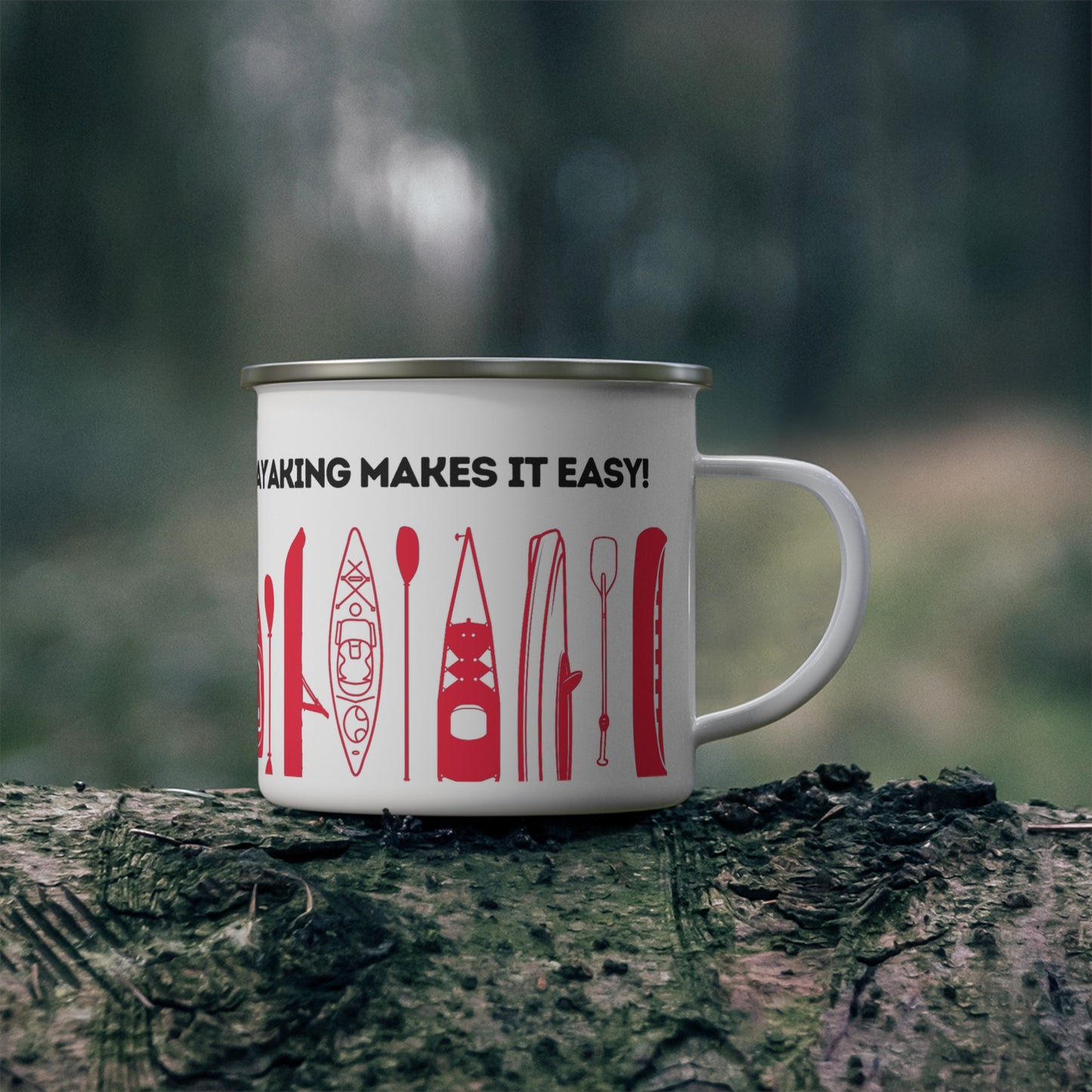 Red Kayak Enamel Coffee Mug - "Mornings are rough, but kayaking makes it easy" in bold black font