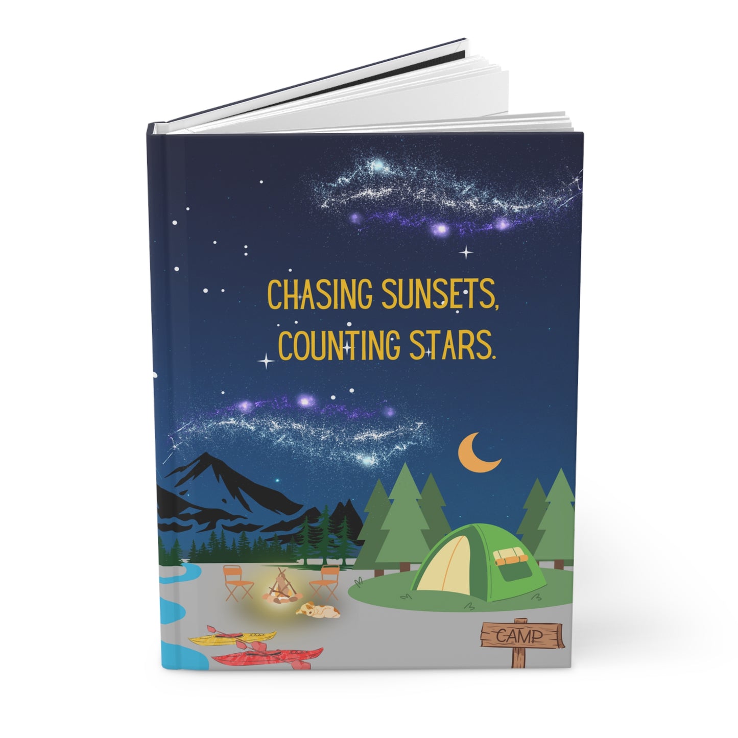 Camping Hardcover Lined Journal - Chasing sunsets, counting stars.