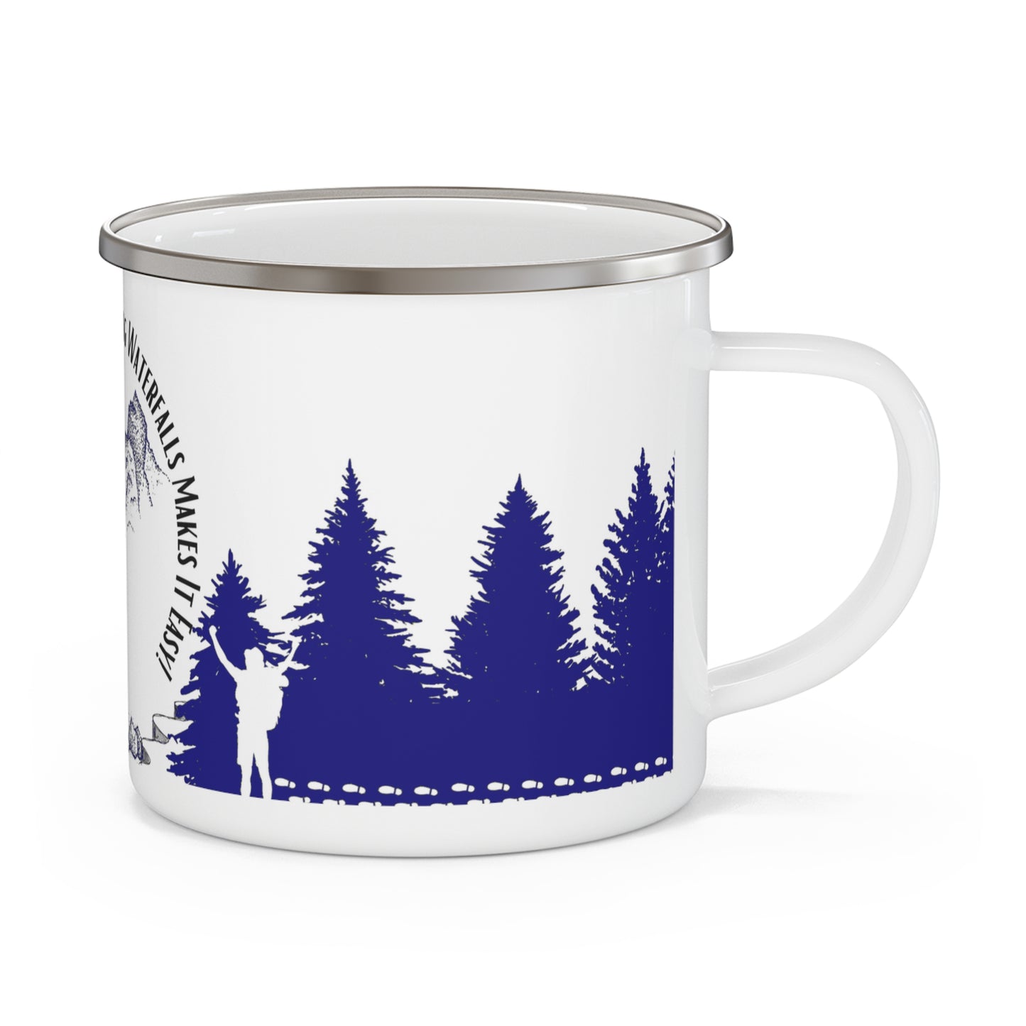 Navy Chasing Waterfalls Enamel Camping Mug - "Mornings are rough, but hiking makes it easy"