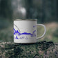 Blue Camping Enamel Camping Mug - "Mornings are rough, but camping makes it easy" in italic font