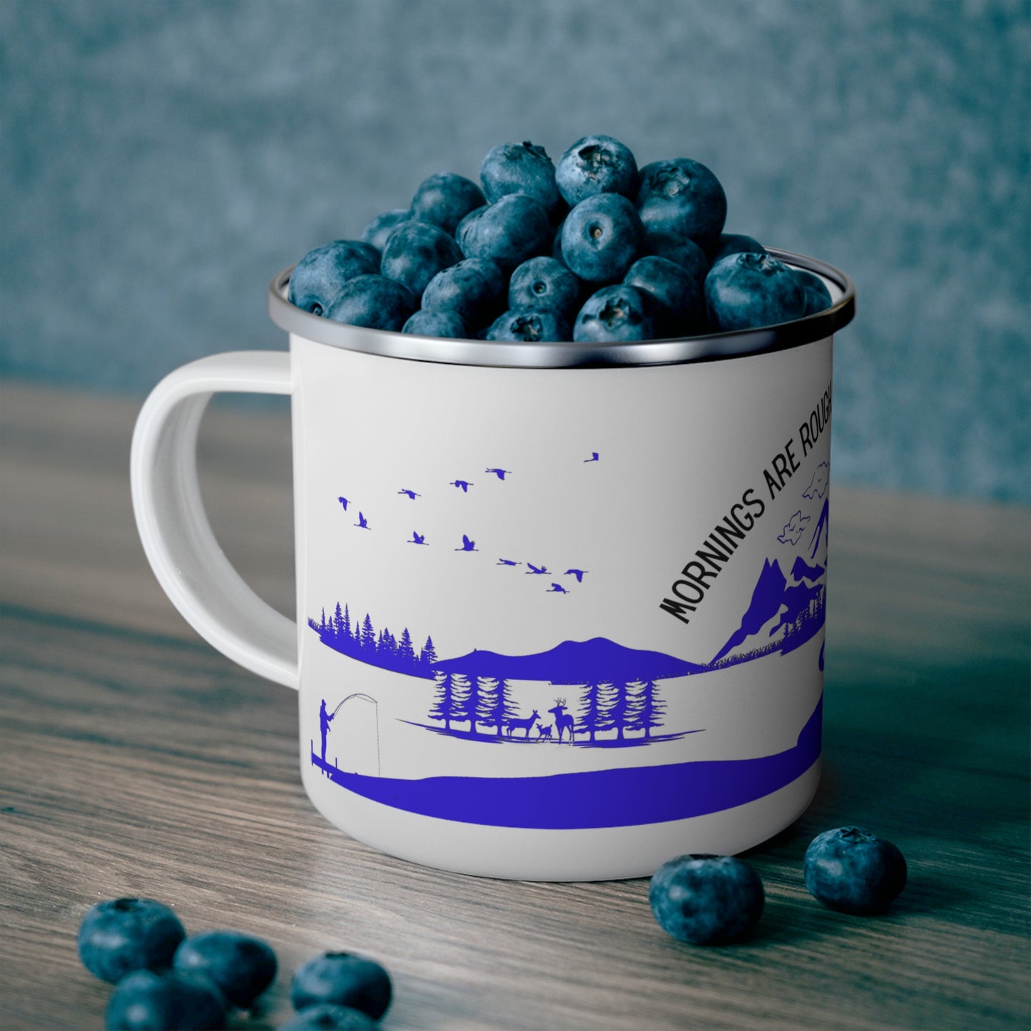 Blue Camping Enamel Camping Mug - "Mornings are rough, but camping makes it easy"