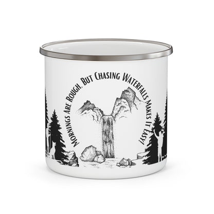 Black Chasing Waterfalls Enamel Camping Mug - "Mornings are rough, but hiking makes it easy"