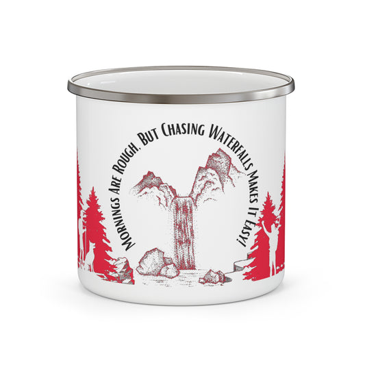 Red Chasing Waterfalls Enamel Camping Mug - "Mornings are rough, but hiking makes it easy"