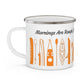 Orange Kayak Enamel Coffee Mug - "Mornings are rough, but kayaking makes it easy" in italic black font