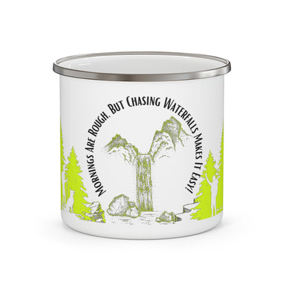 Yellow Chasing Waterfalls Enamel Camping Mug - "Mornings are rough, but hiking makes it easy"