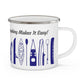 Navy Kayak Enamel Coffee Mug - "Mornings are rough, but kayaking makes it easy" in italic black font