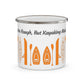 Orange Kayak Enamel Coffee Mug - "Mornings are rough, but kayaking makes it easy" in italic black font