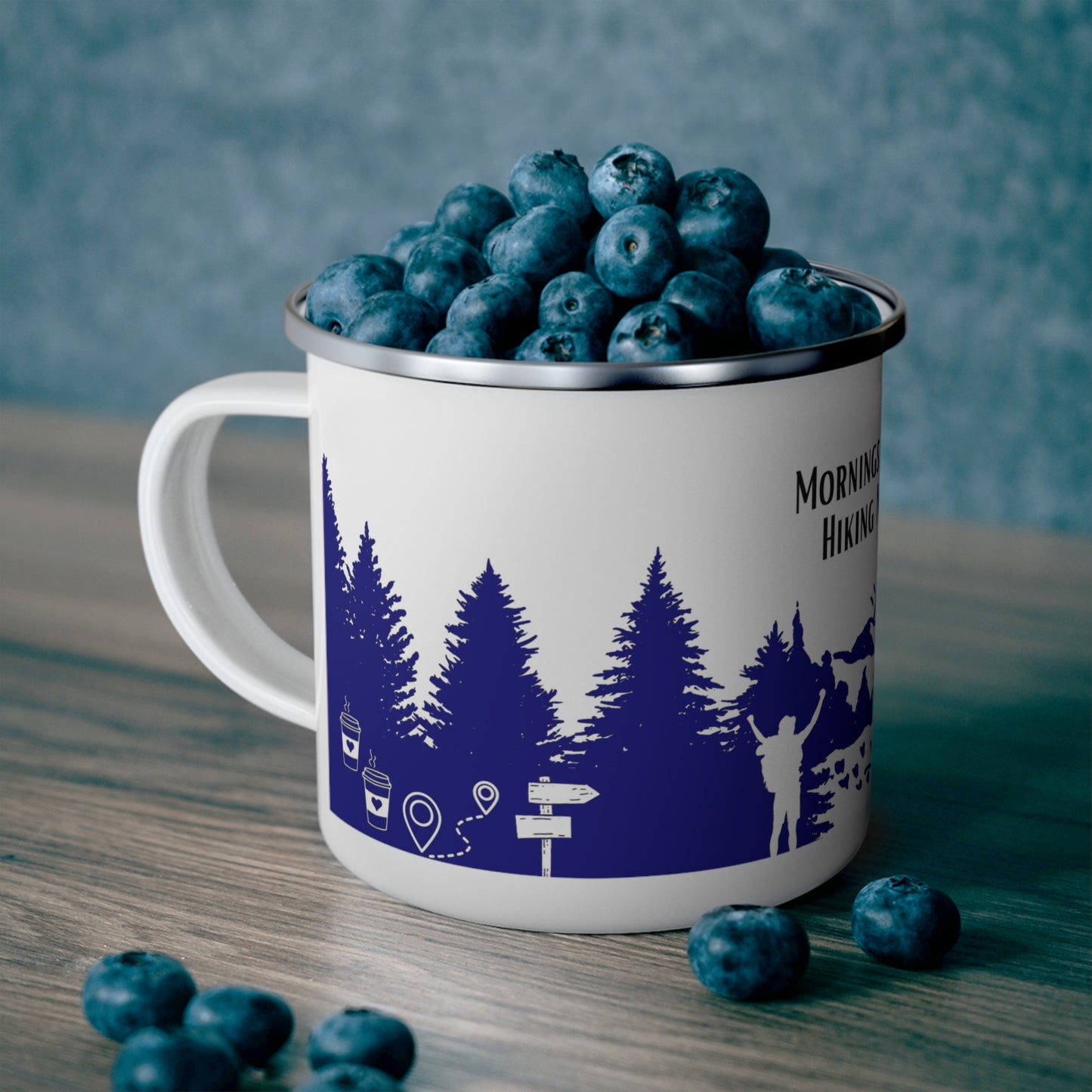 NavyHiking Enamel Camping Mug - "Mornings are rough, but hiking makes it easy"