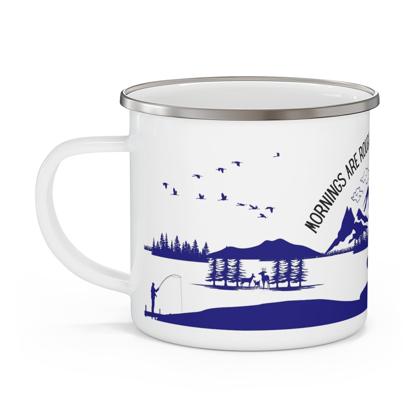 Navy Camping Enamel Camping Mug - "Mornings are rough, but camping makes it easy"