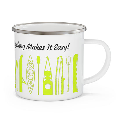 Yellow Kayak Enamel Coffee Mug - "Mornings are rough, but kayaking makes it easy" in italic black font