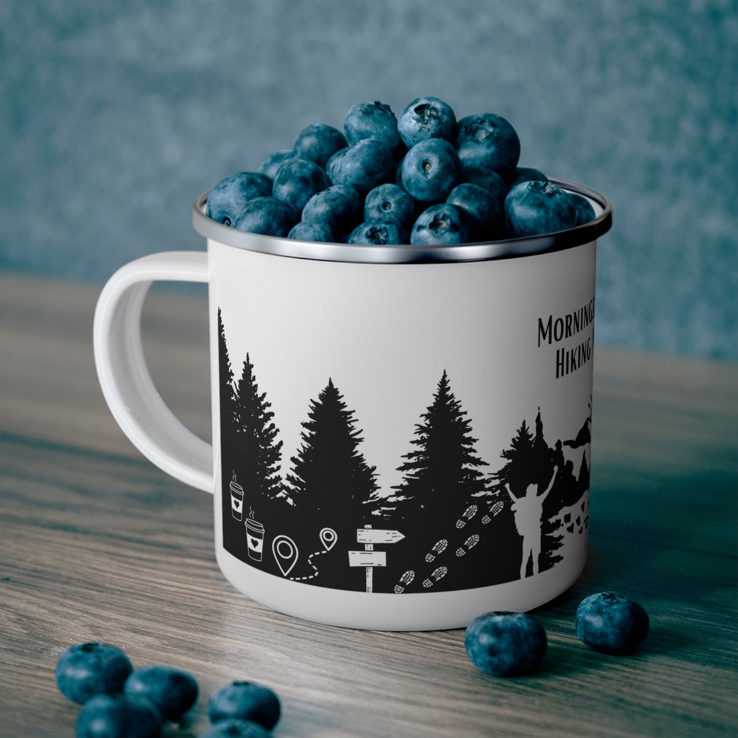 Black Hiking Enamel Camping Mug - "Mornings are rough, but hiking makes it easy"