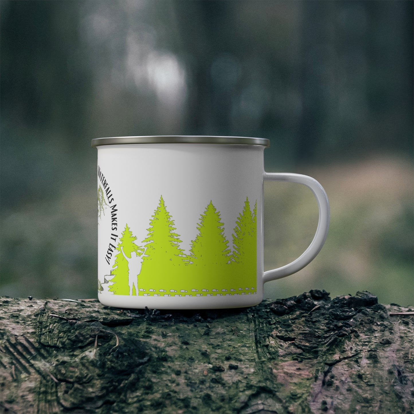 Yellow Chasing Waterfalls Enamel Camping Mug - "Mornings are rough, but hiking makes it easy"