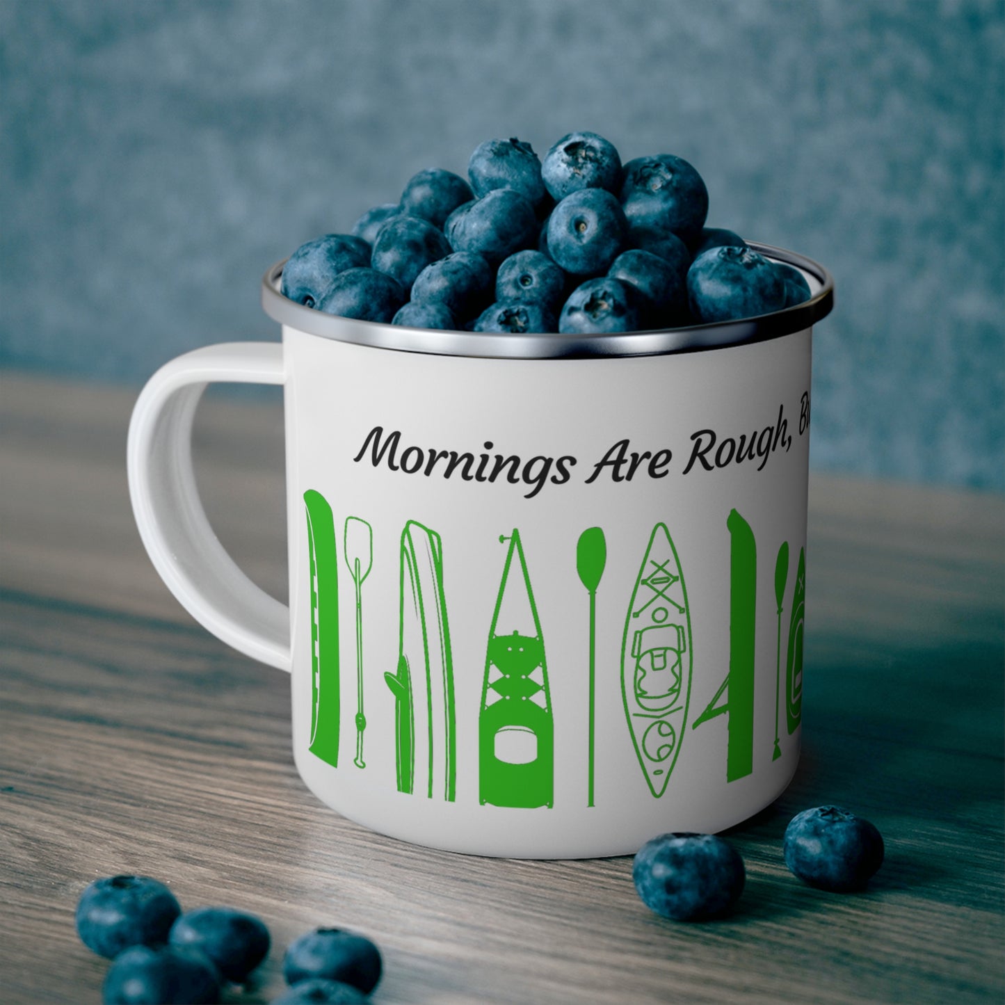 Green Kayak Enamel Coffee Mug - "Mornings are rough, but kayaking makes it easy" in italic black font