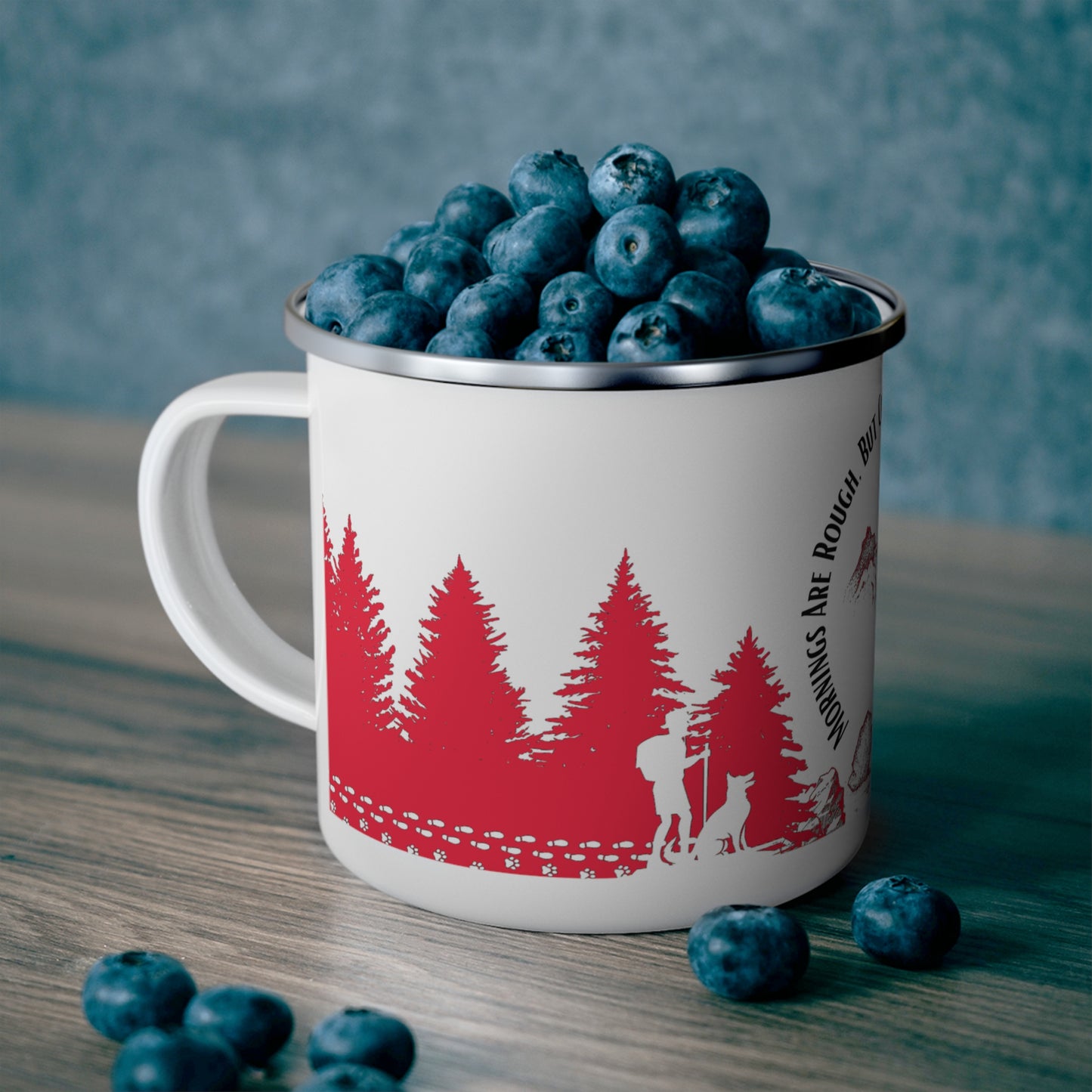 Red Chasing Waterfalls Enamel Camping Mug - "Mornings are rough, but hiking makes it easy"