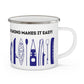 Navy Kayak Enamel Coffee Mug - "Mornings are rough, but kayaking makes it easy" in bold black font