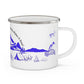 Blue Camping Enamel Camping Mug - "Mornings are rough, but camping makes it easy" in italic font