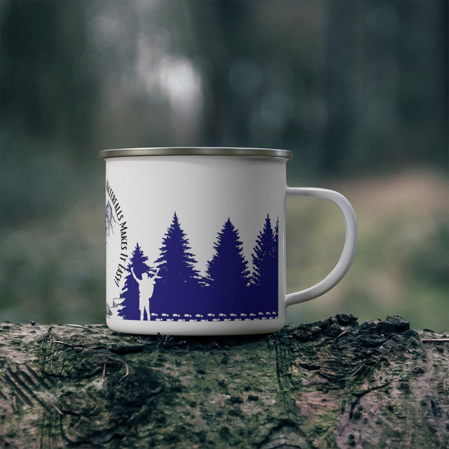 Navy Chasing Waterfalls Enamel Camping Mug - "Mornings are rough, but hiking makes it easy"