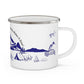 Navy Camping Enamel Camping Mug - "Mornings are rough, but camping makes it easy" in italic font