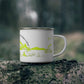 Yellow Camping Enamel Camping Mug - "Mornings are rough, but camping makes it easy" in italic font