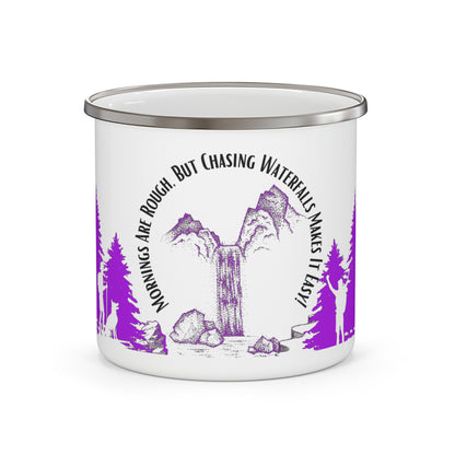 Purple Chasing Waterfalls Enamel Camping Mug - "Mornings are rough, but hiking makes it easy"