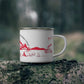 Red Camping Enamel Camping Mug - "Mornings are rough, but camping makes it easy" in italic font