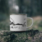 Black Camping Enamel Camping Mug - "Mornings are rough, but camping makes it easy" in italic font