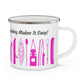 Pink Kayak Enamel Coffee Mug - "Mornings are rough, but kayaking makes it easy" in italic black font