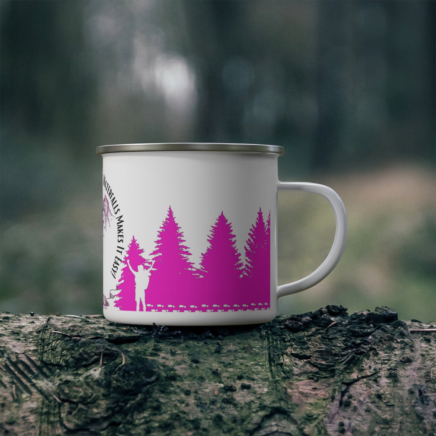 Pink Chasing Waterfalls Enamel Camping Mug - "Mornings are rough, but hiking makes it easy"