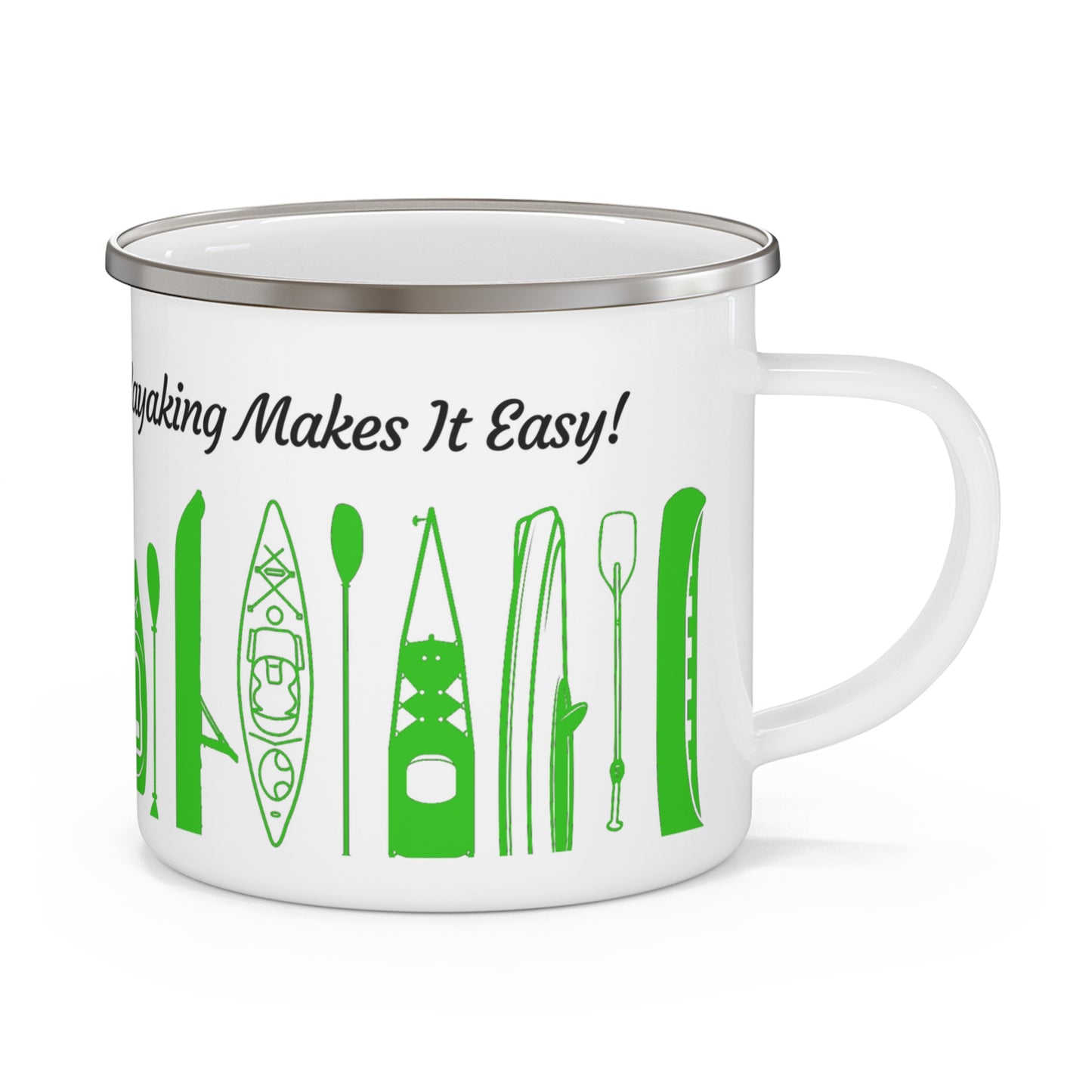 Green Kayak Enamel Coffee Mug - "Mornings are rough, but kayaking makes it easy" in italic black font