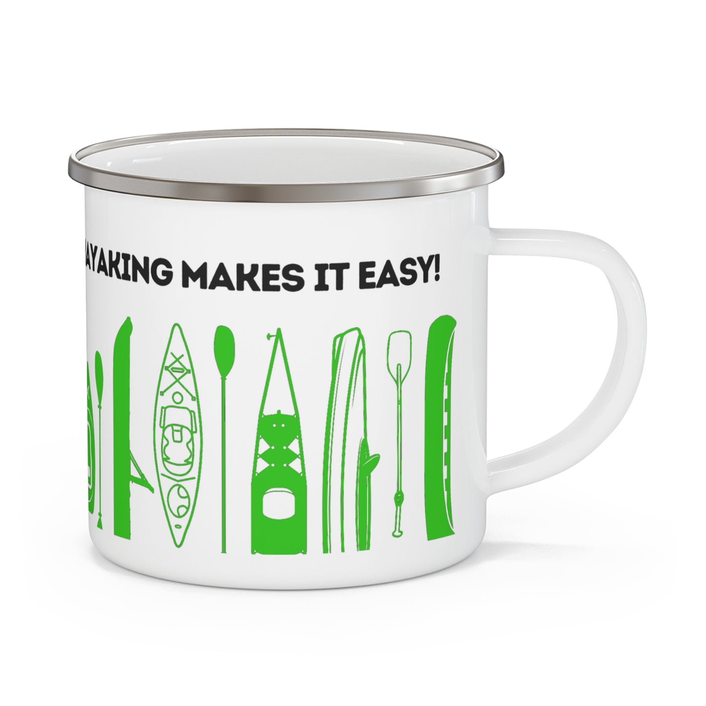 Green Kayak Enamel Coffee Mug - "Mornings are rough, but kayaking makes it easy" in bold black font