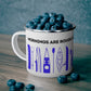 Blue Kayak Enamel Coffee Mug - "Mornings are rough, but kayaking makes it easy" in bold black font