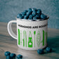 Green Kayak Enamel Coffee Mug - "Mornings are rough, but kayaking makes it easy" in bold black font