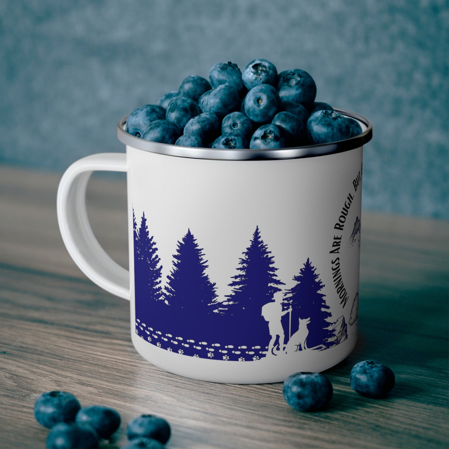 Navy Chasing Waterfalls Enamel Camping Mug - "Mornings are rough, but hiking makes it easy"