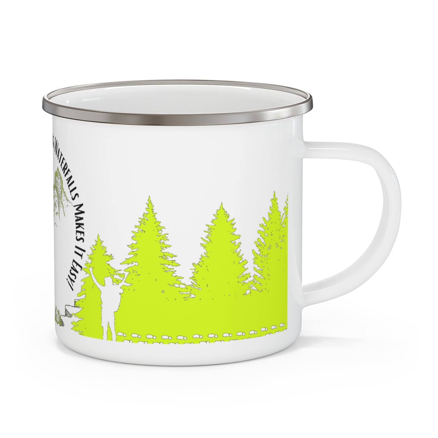 Yellow Chasing Waterfalls Enamel Camping Mug - "Mornings are rough, but hiking makes it easy"