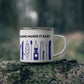 Navy Kayak Enamel Coffee Mug - "Mornings are rough, but kayaking makes it easy" in bold black font