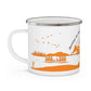 Orange Camping Enamel Camping Mug - "Mornings are rough, but camping makes it easy" in italic font