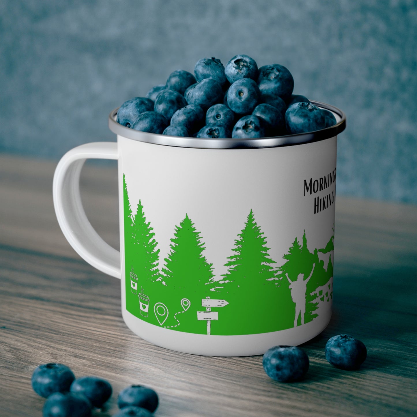 Green Hiking Enamel Camping Mug - "Mornings are rough, but hiking makes it easy"