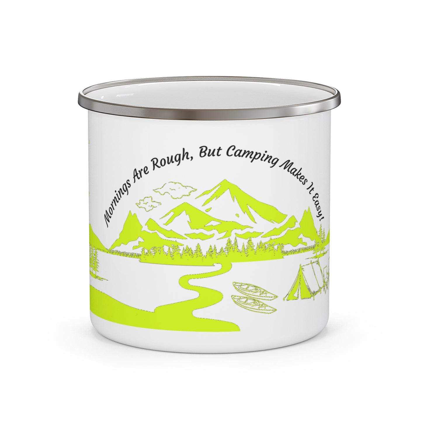 Yellow Camping Enamel Camping Mug - "Mornings are rough, but camping makes it easy"