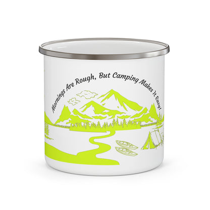 Yellow Camping Enamel Camping Mug - "Mornings are rough, but camping makes it easy"