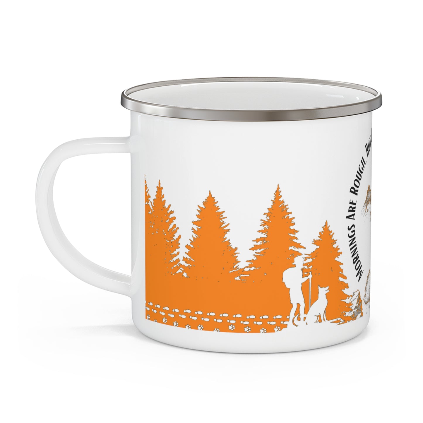 Orange Chasing Waterfalls Enamel Camping Mug - "Mornings are rough, but hiking makes it easy"