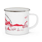 Red Camping Enamel Camping Mug - "Mornings are rough, but camping makes it easy" in italic font